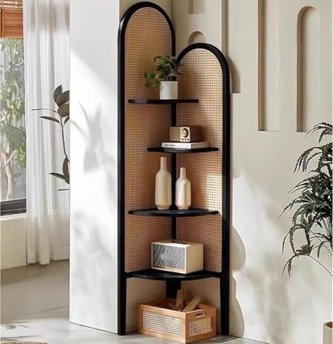 Eckregal mit 4 Ebenen, Rattan-Bücherregal, freistehend, Aufbewahrungsschrank, dreieckiges Regal mit Massivholzrahmen für Wohnzimmer, Schlafzimmer, Büro Eckregal mit 4 Ebenen, Rattan-Bücherregal, freistehend, Aufbewahrungsschrank, dreieckiges Regal mit Massivholzrahmen für Wohnzimmer, Schlafzimmer, Büro von Generisch