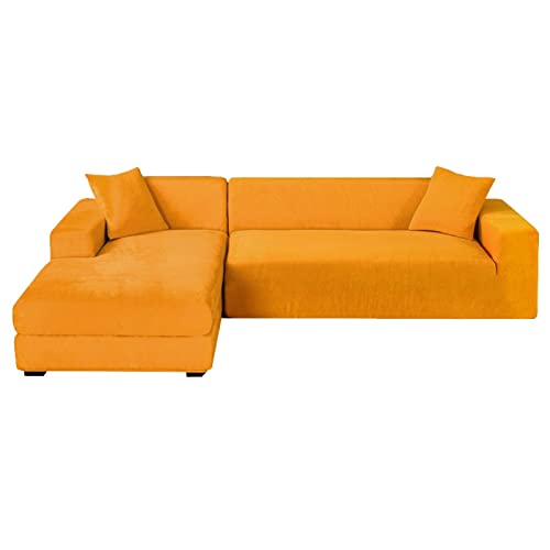 Ecksofa Stretch Samt Sofabezug Set - rutschfest L-Form Schoner für 4+2 Sitzer Sofa - Weicher Möbelbezug in Elegant Gold - 2 Stück Ecksofa Stretch Samt Sofabezug Set - rutschfest L-Form Schoner für 4+2 Sitzer Sofa - Weicher Möbelbezug in Elegant Gold - 2 Stück von Generisch