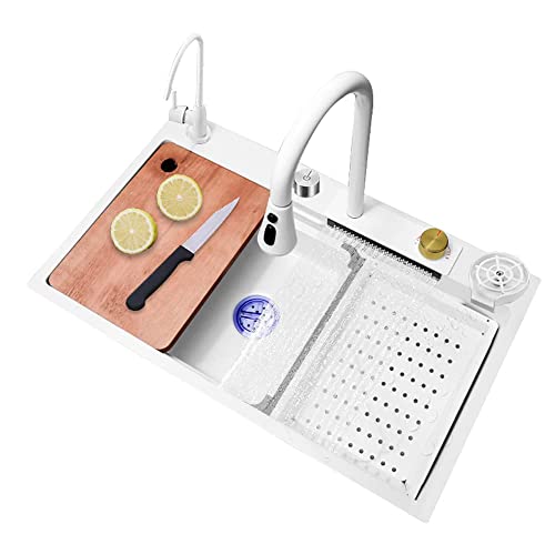Edelstahl 304 Küchenspüle Regenfall Cascade Design 68x45x22 cm Integriert mit abnehmbarem Wasserhahn Weiß Hausspüle Set Modern Kitchen Essential von Generisch