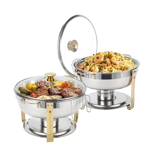 Edelstahl-Chafing Dish Buffet-Set, runde Chafers Wärmer mit Glasdeckel für Catering, Partys und Hochzeiten, Silber, 2 Stück von Generisch