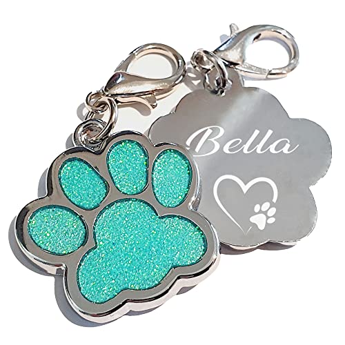 Edelstahl Hundemarke mit Gravur Glitzerpfote Plakette graviert Name Telefonnummer Adressanhänger personalisiert dog für Hunde oder Katzen (türkis), 27x29x2,20 mm (ca. 2 Euro Münze), PIU-HM-Pfote-01 von Generisch