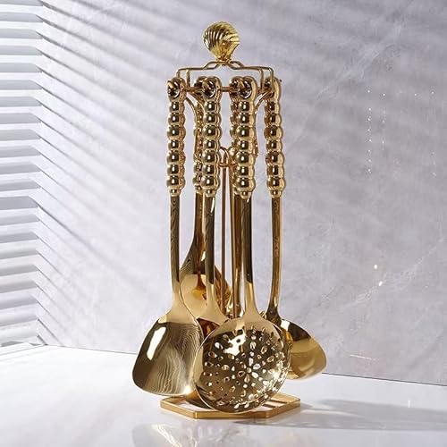 Edelstahl Küchenhelfer Set 7-teilig High-End Metall Küchenhelfer Set Besteck mit Ständer Hitzebeständiger Keramikgriff Spülmaschinenfest von Generisch
