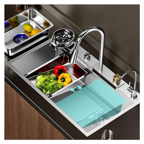 Edelstahl-Küchenspüle-Wasserhahn-Set, Bauernhaus-Arbeitsplatz mit integriertem Wasserfall-Sprühkopf und großer Einzelschüssel, Nano-Beschichtung, leicht zu reinigen Edelstahl-Küchenspüle-Wasserhahn-Set, Bauernhaus-Arbeitsplatz mit integriertem Wasserfall-Sprühkopf und großer Einzelschüssel, Nano-Beschichtung, leicht zu reinigen von Generisch