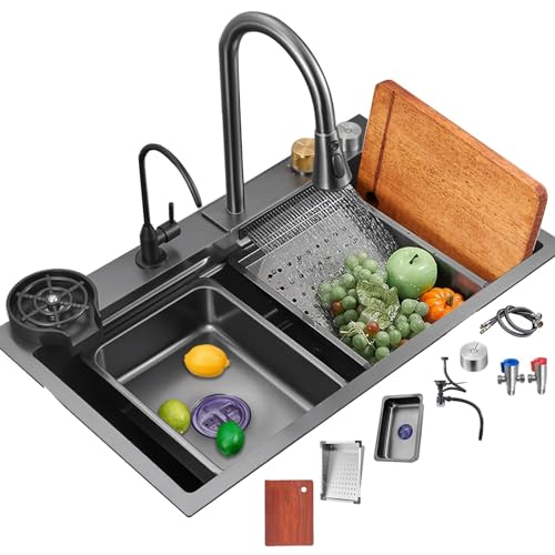 Edelstahl Küchenspüle mit Wasserfall Wasserhahn Einzelbecken Design Komplettes Zubehör Multifunktion von Generisch