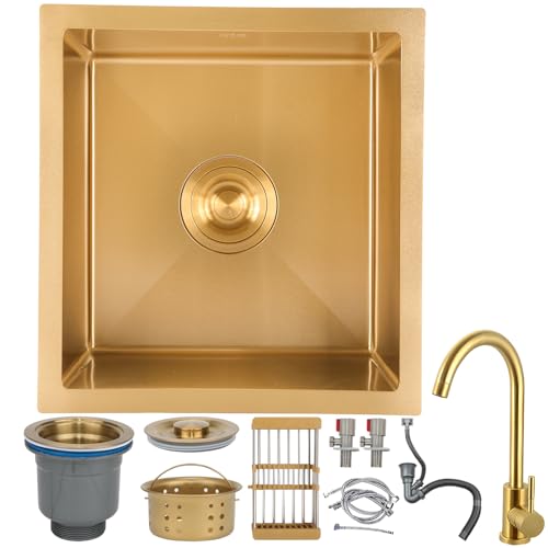 Edelstahl-Küchenspüle mit goldenem Wasserhahn, oben montierte Einzelschale für einfache Reinigung, perfekt für Bar und Vorbereitung Edelstahl-Küchenspüle mit goldenem Wasserhahn, oben montierte Einzelschale für einfache Reinigung, perfekt für Bar und Vorbereitung von Generisch