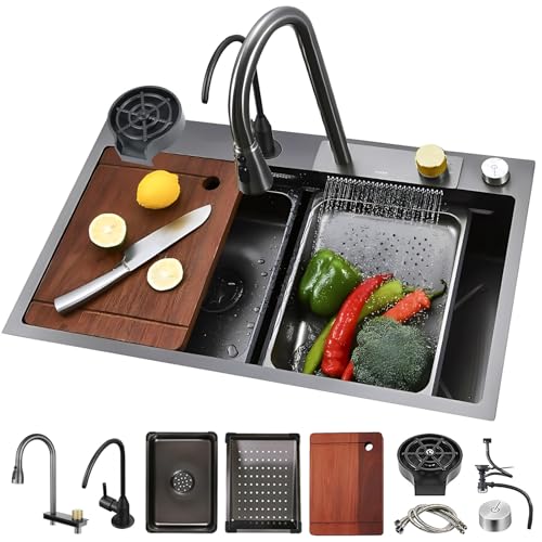 Edelstahl-Küchenspüle mit großem Fassungsvermögen – vollständiges Arbeitsplatz-Design mit Wasserfall-Wasserhahn und Zubehör für müheloses Kochen und Reinigen Edelstahl-Küchenspüle mit großem Fassungsvermögen – vollständiges Arbeitsplatz-Design mit Wasserfall-Wasserhahn und Zubehör für müheloses Kochen und Reinigen von Generisch