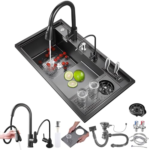 Edelstahl Schwarz Küchenspüle 86x50cm Bauernhaus Barspüle mit herausziehbarer Armatur Einzelbecken Cup R Seifenspender & Komplettes Ablaufset von Generisch
