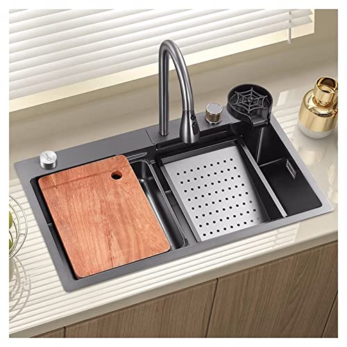 Edelstahl Wasserfall Spüle Barspüle mit Tassenwascher Arbeitsplatz Küchenspüle mit herausziehbarem Wasserhahn Schwarz 68x46cm Modernes Design & funktionale Eleganz von Generisch