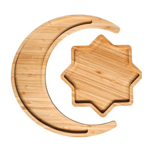 Eid Holztablett – Holz Mond Desserttablett | Eid Holz Serviertablett Stern Design | Holz Kuchen und Süßigkeiten Halter Tablett Lebensmittel Display Tisch Platte für Restaurant von Generisch
