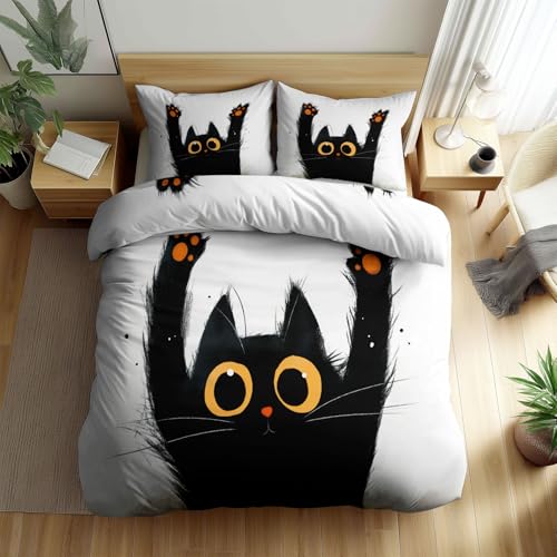 Einfach Cartoon Katze Illustration Bettwäsche 135 x 200 cm Weiß Muster Bettbezug Set, Weich Kinderbettwäsche Wendebettwäsche mit Reißverschluss und Kissenbezug von Generisch