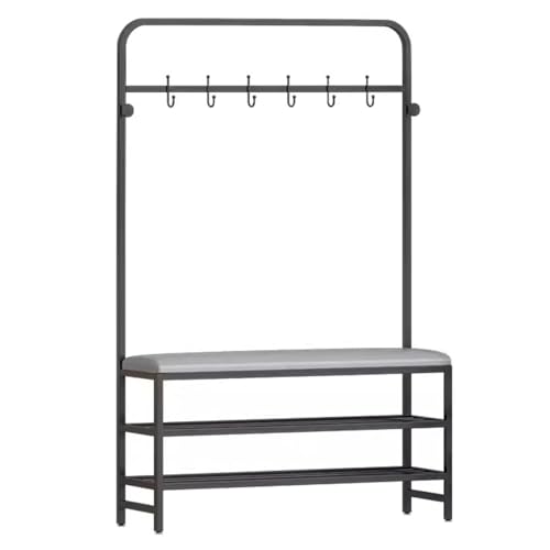 Eingangsbereich Flur Baum mit Ablagebank, freistehender Garderobe und Schuhaufbewahrung, PU Leder gepolsterter Sitz, stabilem Metallrahmen und Haken von Generisch