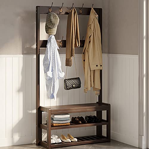 Eingangsbereich Holz Flur Bank mit Aufbewahrung und 10 Haken, Garderobenleiste freistehend, Schuhregal 3-in-1 Kleiderständer, Einfache Montage, Vintage Braun von Generisch