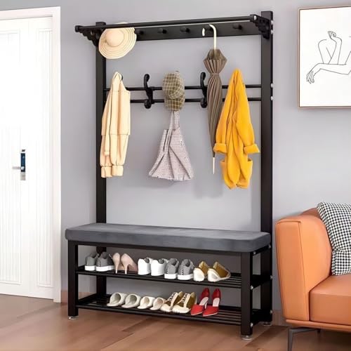 Eingangsgarderobe mit Schuhbank, 4-in-1, Flurbaum mit Ablagefläche und Haken, weiches Kissen und Hängestange, Metallrahmen für Wohnzimmer, Flur, Schlafzimmer (schwarz, 80 x 33 x 172 cm) von Generisch