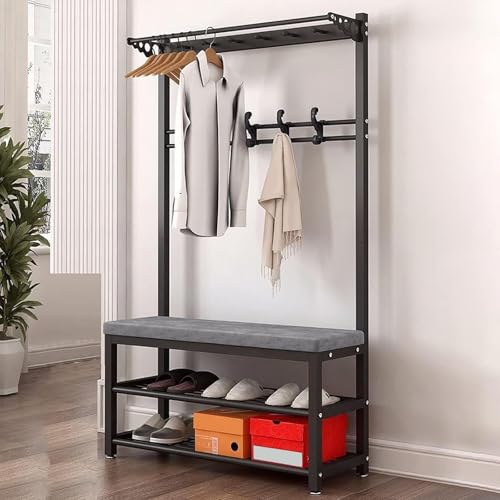 Eingangsgarderobe mit Schuhbank und 11 Haken Industrie Flur Baum mit Schuhaufbewahrung Freistehender Garderobenständer 4-in-1-Design für Eingangsbereich Flur Wohnzimmer Schlafzimmer von Generisch