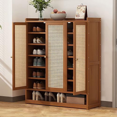 Eingangsschuhlöffner, versteckter Schuhschrank mit Türen, Rattan-Sideboard-Aufbewahrung, rustikale Eiche mit verstellbaren Regalen, stilvolle braune Schuhaufbewahrungslösung von Generisch