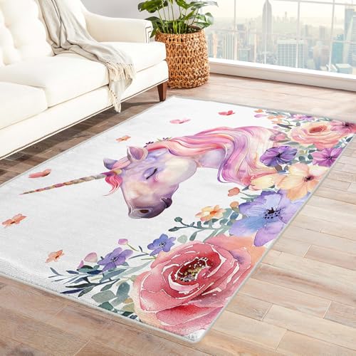 Einhorn Teppich Kinderzimmer - Teppich Wohnzimmer Schlafzimmer Mädchen Einhorn, Großer Teppich Kinder Bunte Blume, Weich Kurzflor & Waschbar & rutschfest, Kinderteppich, Bettvorleger 140x200 cm Einhorn Teppich Kinderzimmer - Teppich Wohnzimmer Schlafzimmer Mädchen Einhorn, Großer Teppich Kinder Bunte Blume, Weich Kurzflor & Waschbar & rutschfest, Kinderteppich, Bettvorleger 140x200 cm von Generisch