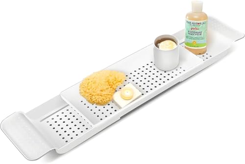 Einziehbares Badewannenbrett 55-78,5cm aus Kunststoff - Modernes Badezimmer-Tablett Weiß/Schwarz für Seifen Handtücher & Zubehör 17cm Breite 6,5cm Höhe (Weiß) von Generisch