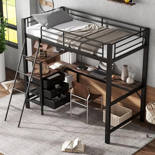Eisenbett, Etagenbett, Geeignet für Heranwachsende, DREI Schubladen, Mit 2m Langer Tisch, Schräge Leiter mit Vier Stufen, Eisen+Spanplatte, Schwarz+Dunkle Walnuss, 90x200cm Eisenbett, Etagenbett, Geeignet für Heranwachsende, DREI Schubladen, Mit 2m Langer Tisch, Schräge Leiter mit Vier Stufen, Eisen+Spanplatte, Schwarz+Dunkle Walnuss, 90x200cm von Generisch