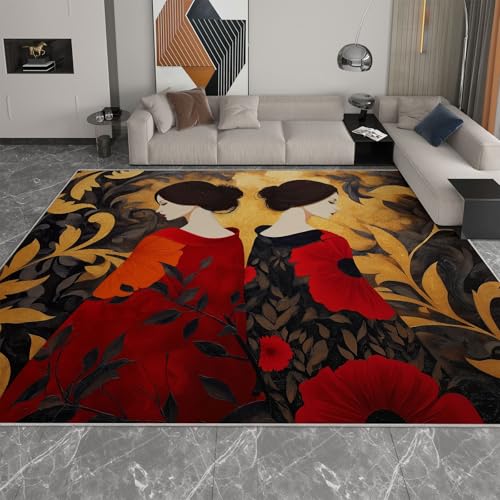 Eklektizismus Teppich Wohnzimmer 160 x 230 cm Waschbarer Kurzflor Rutschfester Teppich, Goldstreifen Vintage-Mädchen Ultraweicher Teppiche Pflegeleicht Für Flur Schlafzimmer Esszimmer Kinderzimmer Eklektizismus Teppich Wohnzimmer 160 x 230 cm Waschbarer Kurzflor Rutschfester Teppich, Goldstreifen Vintage-Mädchen Ultraweicher Teppiche Pflegeleicht Für Flur Schlafzimmer Esszimmer Kinderzimmer von Generisch