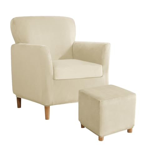 Elastischer Samtsesselbezug mit Ottomanenschutz, dehnbarer Möbelbezug für Chesterfield-Stühle, Sofas und kleine Sitzgelegenheiten, passend für Zuhause, Club und Hotel (Beige) von Generisch