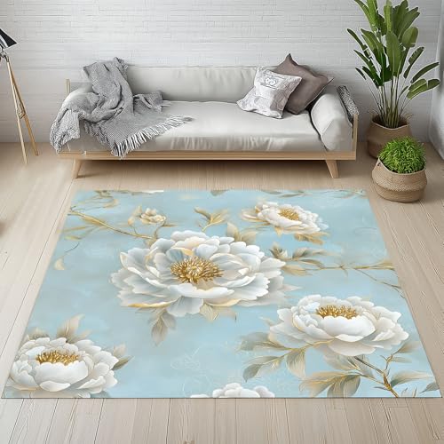 Elegant Weiß Pfingstrose Waschbarer Teppich 200x200 cm, Natur Blumenmuster Teppiche Wohnzimmer Anti Rutsch Große Teppiche Schlafzimmer Weich Kurzflor Carpet Matte Kinderteppich sf1b011 von Generisch