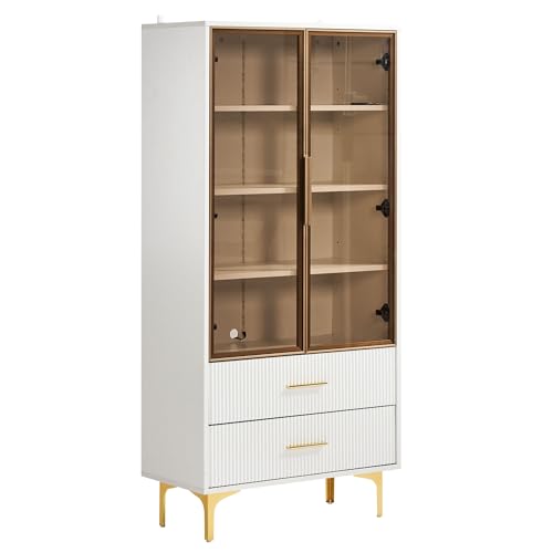 Elegante Glasvitrine 70x35x150cm mit LED-Beleuchtung Zwei Glastüren goldenen Beinen verstellbaren Einlegeböden als Hochschrank Standvitrine für Wohnzimmer von Generisch