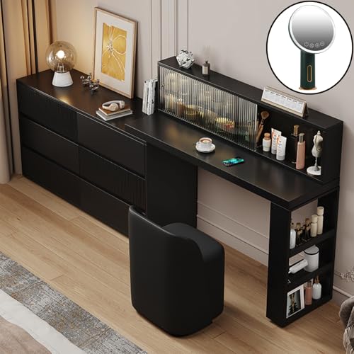 Elegante Kommode mit 6 Schubladen und großem Spiegel, Eichenaufbewahrung für Schlafzimmer, europäischer Stil, schwarzes Finish, platzsparende Möbel (100 x 40 x 75 cm) von Generisch