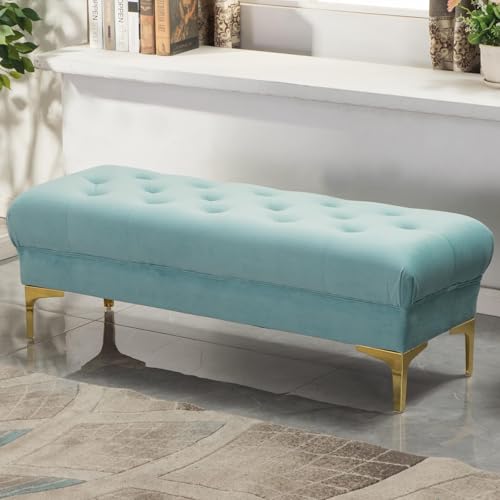 Elegante Samt-Ottoman-Bank mit goldfarbenen Beinen – schicker Schlafzimmer-Sitz oder Eingangshocker (Größe: 60 x 45 x 45 cm, Farbe: Hellblau) von Generisch