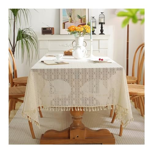 Elegante Tischdecke, rechteckig, 150 x 180 cm, waschbar, Polyester, mit hohlen Spitzenstreifen und Quasten, perfekt für Küche und Esszimmer, Beige Elegante Tischdecke, rechteckig, 150 x 180 cm, waschbar, Polyester, mit hohlen Spitzenstreifen und Quasten, perfekt für Küche und Esszimmer, Beige von Generisch