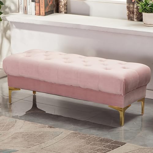 Elegante rosa Samt Ottomane Bank mit Goldbeinen - Stilvolle Bettende oder Eingangssitz für Schlafzimmer Wohnzimmer Waschtisch (Größe:60 x 45 x 45 cm) von Generisch