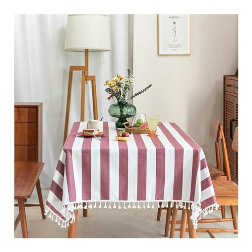 Elegante rosa gestreifte Tischdecke, 140 x 240 cm, waschbar, Polyester mit Quasten, ideal für Küche und Esstisch, stilvolle Tischdecke für Zuhause von Generisch