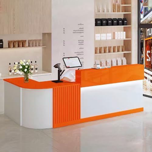 Eleganter, moderner Empfangstisch mit Schubladen, 140 cm, Bürotisch für Flur & Geschäfte, Holzwerkstatt, Empfangsmöbel in Weiß und Orange. Eleganter, moderner Empfangstisch mit Schubladen, 140 cm, Bürotisch für Flur & Geschäfte, Holzwerkstatt, Empfangsmöbel in Weiß und Orange. von Generisch