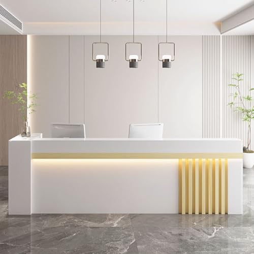 Eleganter, moderner Empfangstisch mit Stauraum für Schönheitssalons und Bekleidungsgeschäfte, Weiß und Natur-Finish, 1 m Bürotisch mit LED-Beleuchtung Eleganter, moderner Empfangstisch mit Stauraum für Schönheitssalons und Bekleidungsgeschäfte, Weiß und Natur-Finish, 1 m Bürotisch mit LED-Beleuchtung von Generisch