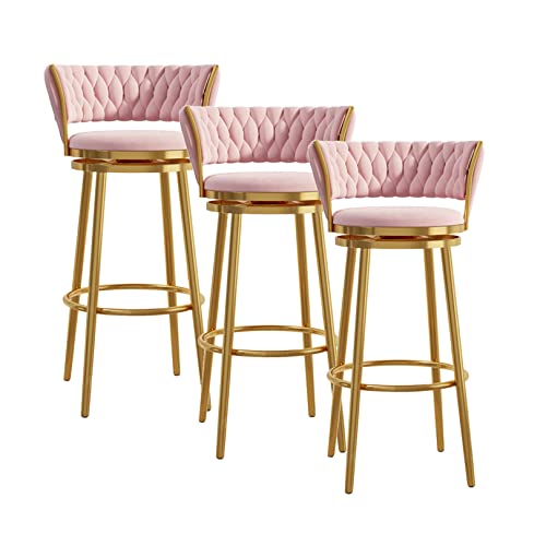 Eleganter, rosafarbener Barhocker aus Samt mit goldfarbenem Metallsockel, 3er-Set von Generisch