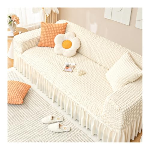 Eleganter, weicher Seersucker-Couchbezug mit Rüschenrock, Stretch-Möbel-Schonbezüge für 5-Sitzer-Sofas (305 x 360 cm), einfache Passform, Sessel, Zweisitzer und Sektionssofabezug, Beige von Generisch