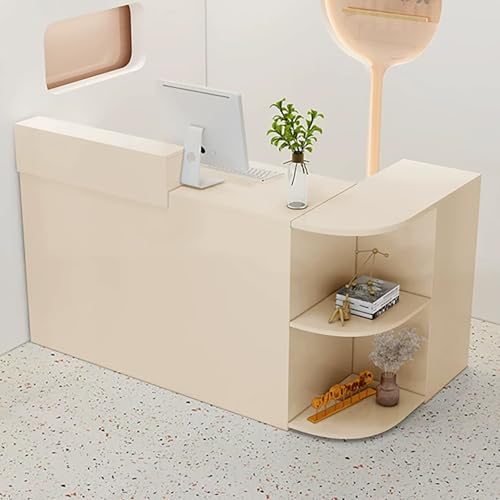 Eleganter Empfangsschreibtisch L-förmig mit abschließbarer Schublade & Seitenschrank, geräumiger Kassierungstisch, Beige Empfangsmöbel (140 x 50 x 100 cm) von Generisch