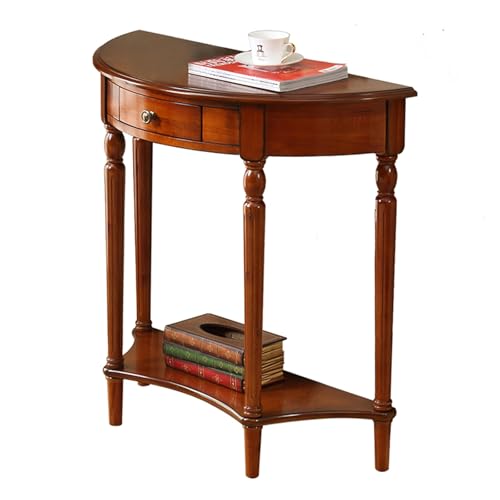 Eleganter Halbmond-Konsolentisch aus Kirschholz mit Schubladen und 2-stöckigem Regal, Vintage-Beistelltisch für Wohnzimmer, Massivholzmöbel (900 x 380 x 875 mm) von Generisch