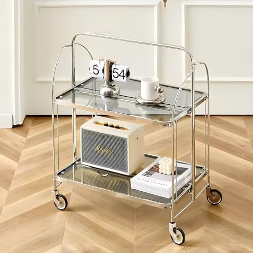 Eleganter Rollwagen mit Glasplatte und Edelstahlrahmen, klappbarer Servierwagen auf Rädern für Küche und Esszimmer, mobiles Aufbewahrungsregal, 63,5 x 43,2 x 78,7 cm von Generisch