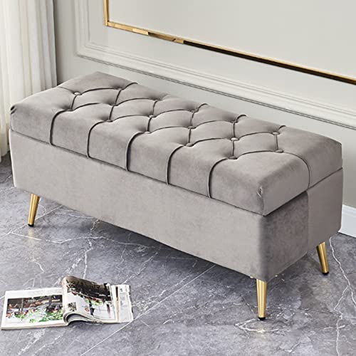 Eleganter Samt-Pouf mit goldfarbenen Beinen und Knöpfen, moderner Fußhocker zum Schuhwechseln, Wohnzimmer, Schlafzimmer oder Flur, Grau, 80 x 40 x 45 cm von Generisch