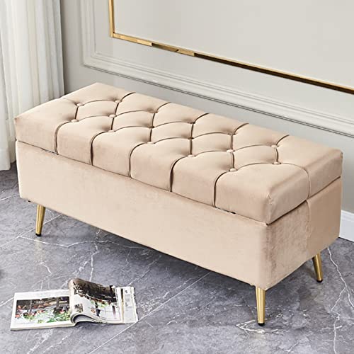 Eleganter Samt-Pouf mit goldfarbenen Beinen und Knöpfen, moderner Schuhwickelhocker für Wohnzimmer, Schlafzimmer und Flur, Champagner, 100 x 40 x 45 cm von Generisch