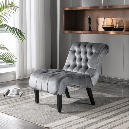 Eleganter Samtstoff-Akzentstuhl, 86 cm Rückenhöhe, Getuftete Rückenlehne, Holzbeine, (Silver Grey) von Generisch