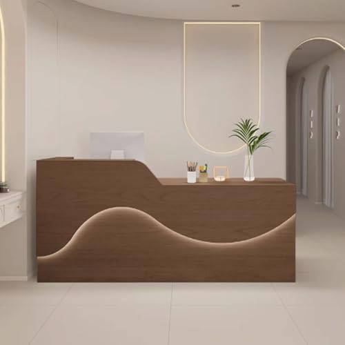 Eleganter brauner Empfangstisch mit Schubladen | Moderner 140 cm Bürotisch | Holzwerkstoff | Stilvolle Aufbewahrungslösung mit LED-Streifen | Perfekt für Salon & Arbeitsplatz Eleganter brauner Empfangstisch mit Schubladen | Moderner 140 cm Bürotisch | Holzwerkstoff | Stilvolle Aufbewahrungslösung mit LED-Streifen | Perfekt für Salon & Arbeitsplatz von Generisch