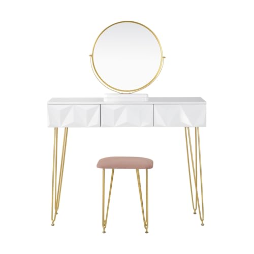 Eleganter weißer Schminktisch mit 360° drehbarem Spiegel & Plüschsamt-Hocker, 3 Schubladen für Beauty-Essentials, stilvoller Schlafzimmer-Schminktisch von Generisch