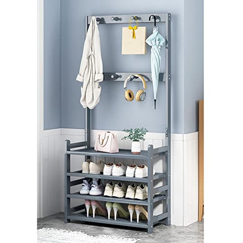 Elegantes 4-stöckiges Schuhregal & Garderobenständer mit Doppelhaken – freistehender Eingangsbereich, Aufbewahrungsmöbel für Flur und Schlamm, platzsparendes 3-in-1-Design in grauem Holz-Finish von Generisch
