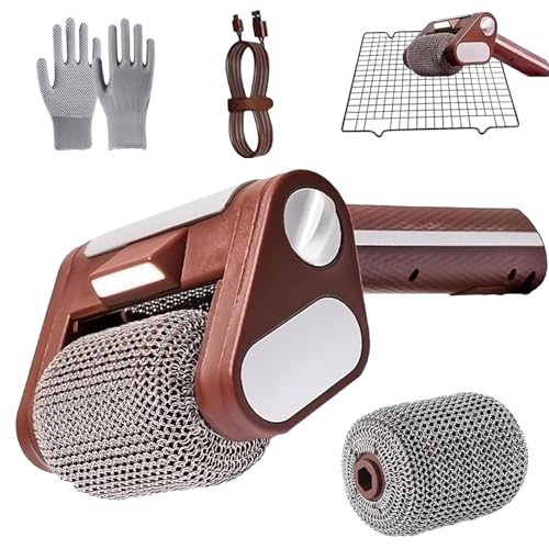 Elektrischer bürstenloser Grillreiniger, BBQ Power Brush zur Grillreinigung, Elektrischer Grillreiniger mit LED, Abnehmbare Edelstahltrommel für Outdoor-Grills (Braun) von Generisch