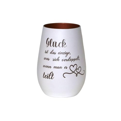 Elements Becher weiß bronze, 1 Stück I Windlicht Becher 465 ml aus hochwertigem Kristallglas, mit Laser Gravur "Glück ist das einzige was sich verdoppelt wenn man es teilt" von Generisch