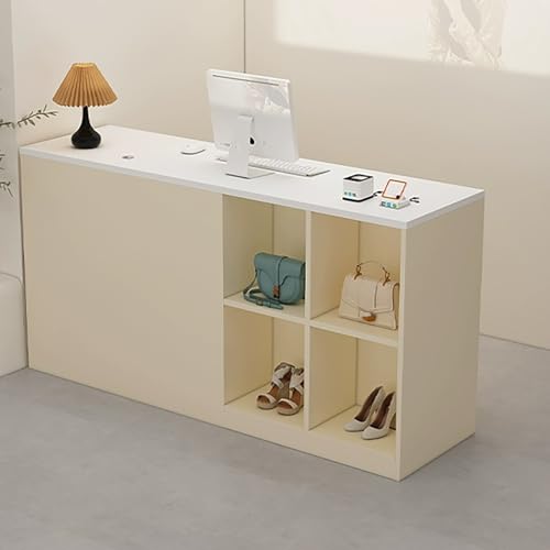 Empfangstisch mit Theke, Rezeptionstisch, Einzelhandelskasse, mit offenem Stauraum und Kabelloch (110 x 50 x 90 cm) – moderne Büro-Empfangsmöbel in Beige von Generisch