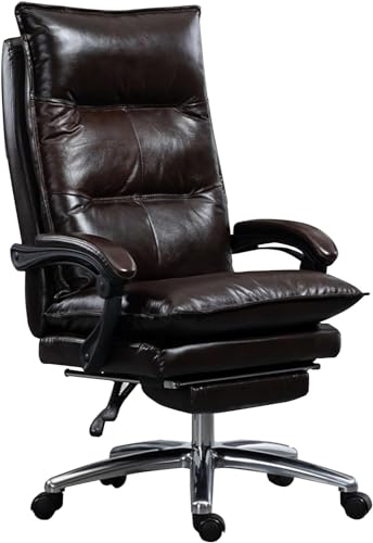 Ergonomischer Chefsessel aus echtem Leder, Drehstuhl mit einziehbarer Fußstütze für Home Office von Generisch