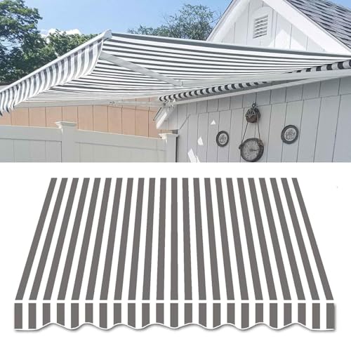 Ersatz-Leinwand für einziehbare Markise, für den Außenbereich, wasserdicht, Polyester, für Terrasse, Hof, Deck, Sonnenschutz mit Volant (6 x 2,5 m, grau-weiße Streifen) von Generisch