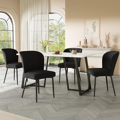Essgruppe,(Set,140×80×75cm Esstisch mit 4 Stühlen), Moderner Küchentisch Set,Schwarze Samt Esszimmerstühle, Polsterstuhl Design Stuhl mit Rückenlehne,MDF Tischplatte in Weißer,Schwarz Tischbeine von Generisch